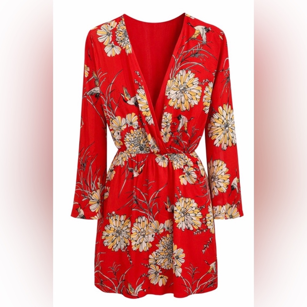 Express Red Floral Crane Bohemian Dress